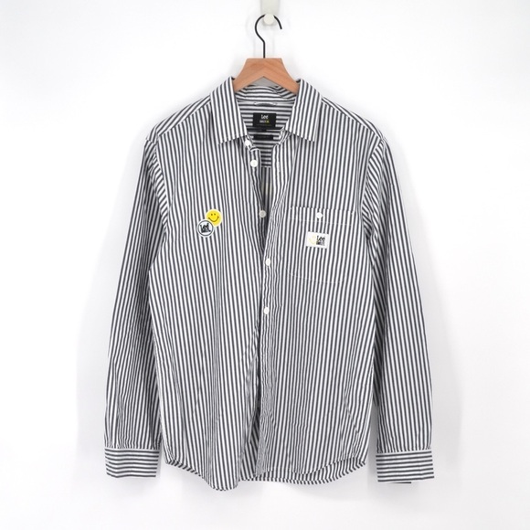 Lee Jeans X Smiley Stripe Long Sleeve Button Down Shirt White Gray L - Picture 1 of 8